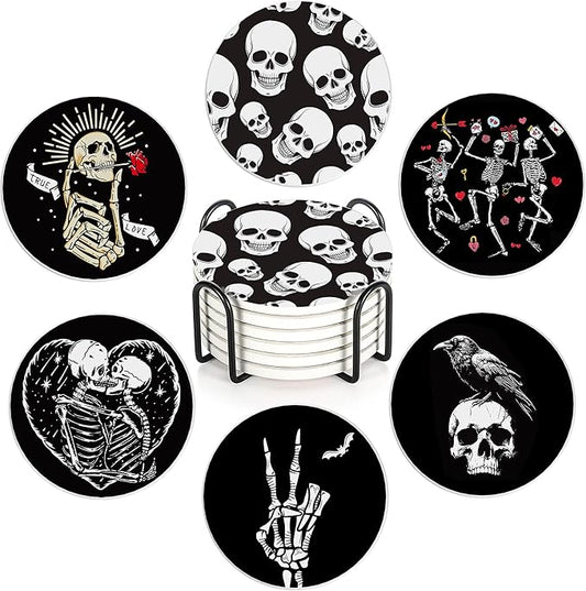 Coaster for Drinks Set of 6, Skeleton Skull Absorbing Round Ceramic Stone Coaster with Cork Base,Tabletop Protection Mat for Mugs and Cups,Coffee Table Wine Glass Home Bar 4 Inch