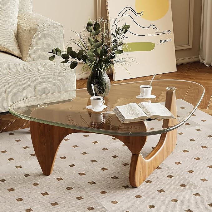 Coffee Table for Living Room Mid Century Modern Center Table with Glass Top, Walnut Transparent