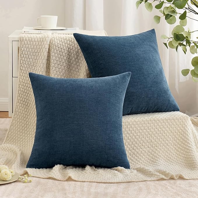 MIULEE Dark Blue Couch Pillow Covers 20x20 Inch, Set of 2 Soft Chenille Decorative Square Throw Pillow Covers Farmhouse for Sofa Living Room Bed