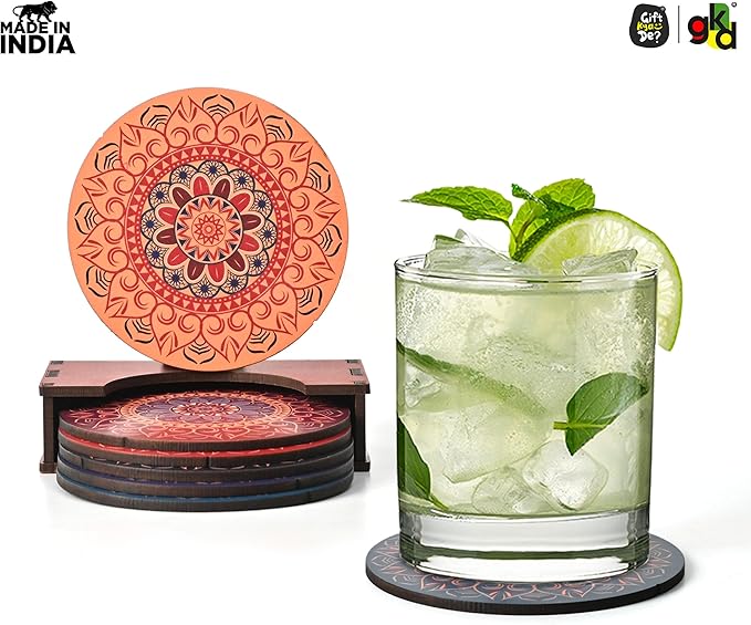 GKD Wooden Coasters for Drinks, MDF Mandala Coasters Set of 6 with Holder, 3.5 inches Eco-Friendly Absorbent Coaster for Coffee Table, Bar, Drinking Glasses, Tabletop Protection