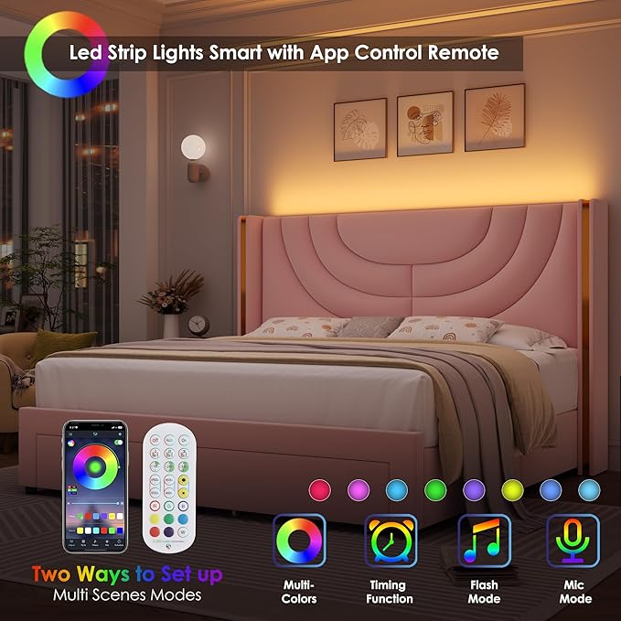 HITHOS Full Upholstered LED Bed Frame with 2 Storage Drawers, Velvet Platform Bed with Wingback Headboard, Solid Wooden Slats Support, No Box Spring Needed, Headboard Splicing Design, Pink