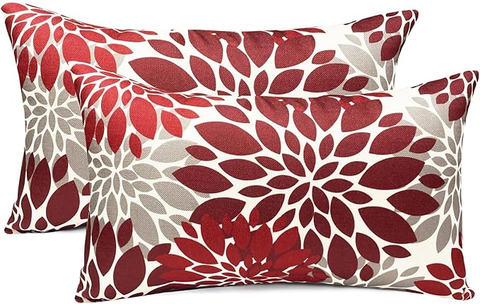 Decorative Throw Pillow Covers Set of 2 Wine Red Pillow Covers 12x20 Inch Couch Pillow Covers for Sofa Living Room Outdoor Throw Pillow Cover Linen Floral Flower Farmhouse Pillowcase