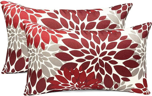 Decorative Throw Pillow Covers Set of 2 Wine Red Pillow Covers 12x20 Inch Couch Pillow Covers for Sofa Living Room Outdoor Throw Pillow Cover Linen Floral Flower Farmhouse Pillowcase