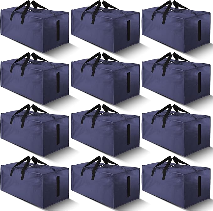 12 Pack Large Strong Moving Bags with Zippers & Carrying Handles - Water-Resistant - Heavy Duty Storage Tote for Space Saving, Fold Flat, Alternative to Moving Box (Blue)