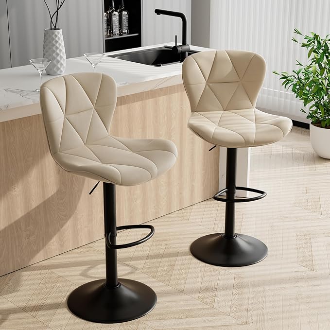 Bar Stools Set of 2,Adjustable Swivel Barstools, Faux Leather Bar Chairs,Upholstered Counter Height with High Backrest for Kitchen Island,Khaki