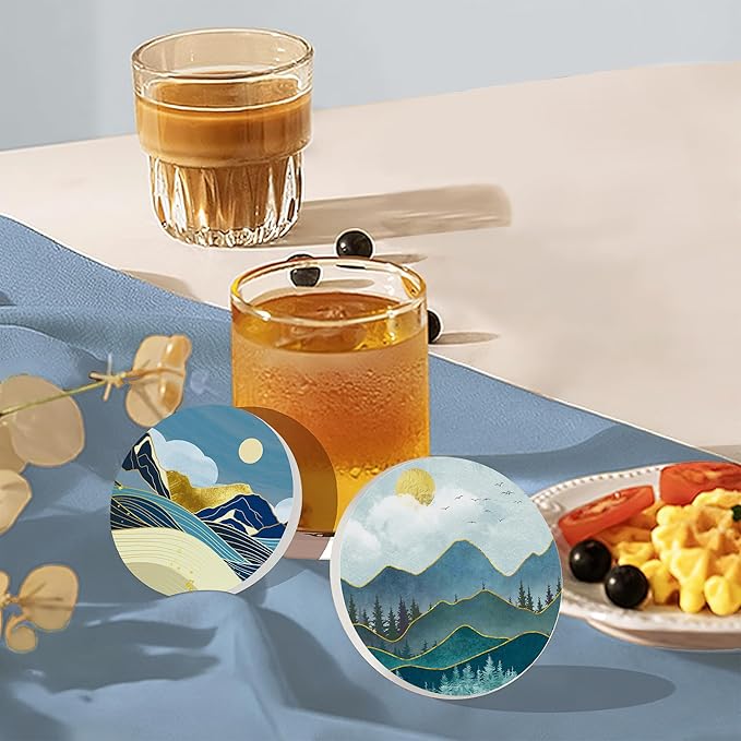 6 Pcs Coasters for Drinks with Holder, Abstract Mountain Sun Absorbent Ceramic Coasters with Cork Base,Cute Funny Table Drinks Coasters Tabletop Protection Mat,Table Home Decor,4 Inches