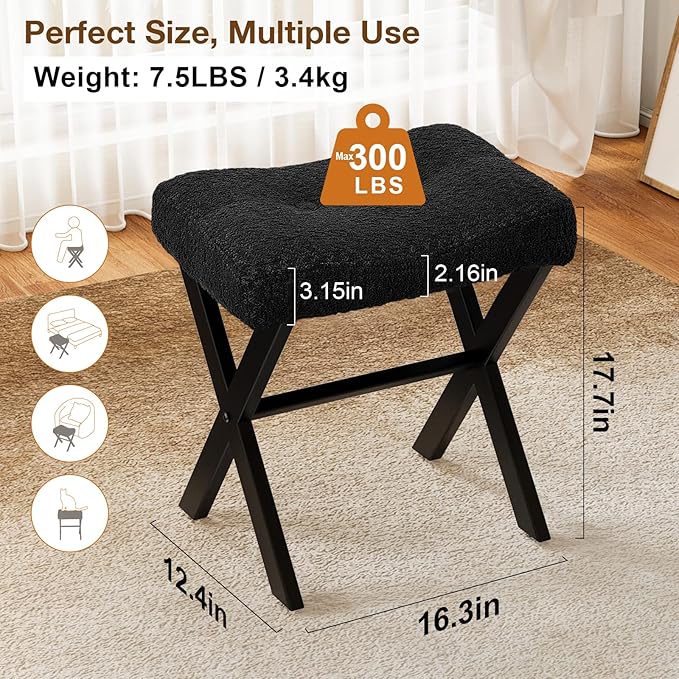 18-Inch Vanity Stool Chair, Vanity Bench with Metal X-Legs, Ottoman Accent Stool with Breathable and Soft Boucle Fabric Saddle Seat, Black