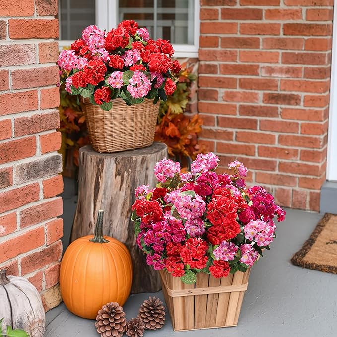 Artificial Geraniums Fake Flowers for Outdoors Decoration, 6 Bundles Silk Geraniums Flower UV Resistant Look Real Faux Plants for Front Door Garden Porch Planter Patio Balcony Yard Indoor Home, Mix