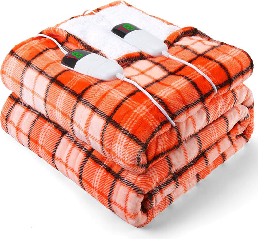 Electric Heated Blanket King Size, 90X100 Orange Blanket with Dual Control&10 Heats Levels&Timer for Bed,Large Plaid Sherpa Heating Blankets Warmer Gifts for Women Grandma Halloween Home Decor, ETL