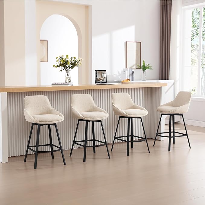 Zesthouse Swivel Counter Stools Set of 2, 26'' Modern Counter Height Barstools with Low Backs & Metal Legs, Upholstered Counter Height Barstools, Beige Linen Fabric Bar Stools for Kitchen Island