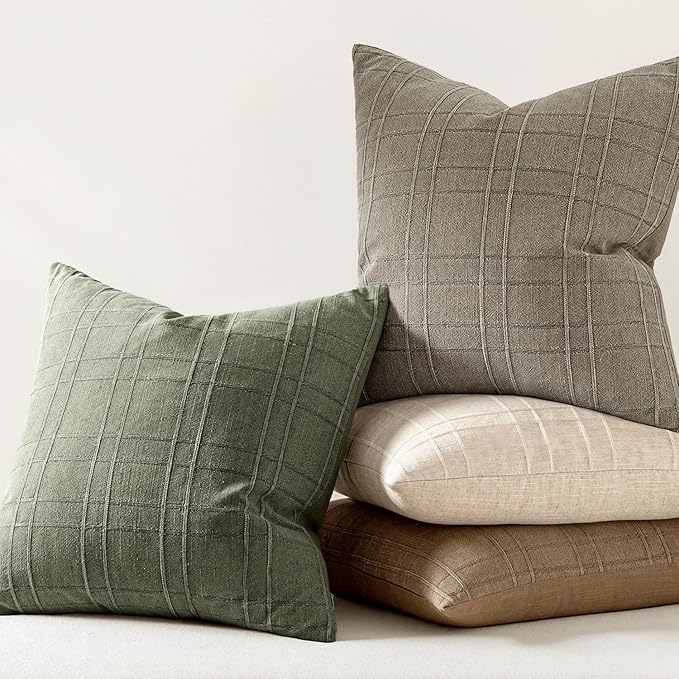 MIULEE Decorative Linen Check Throw Pillow Covers Neutral Farmhouse Vintage Pillow Covers 18x18 Set of 2 Boho Modern Home Decor for Sofa Couch Bedroom Cushion Olive Green