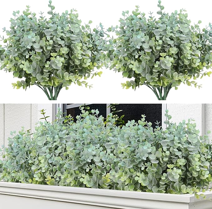 RECUTMS 8 Bundles Artificial Greenery Plants Stems Outdoor Fake Eucalyptus Plants Boxwood Bushes for Farmhouse Bathroom Office Vase Centerpiece Indoor Outdoor Decoration(Dusty Blue)