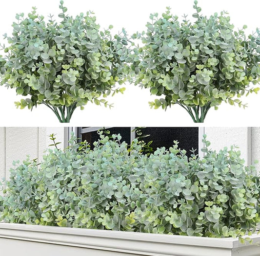 RECUTMS 8 Bundles Artificial Greenery Plants Stems Outdoor Fake Eucalyptus Plants Boxwood Bushes for Farmhouse Bathroom Office Vase Centerpiece Indoor Outdoor Decoration(Dusty Blue)