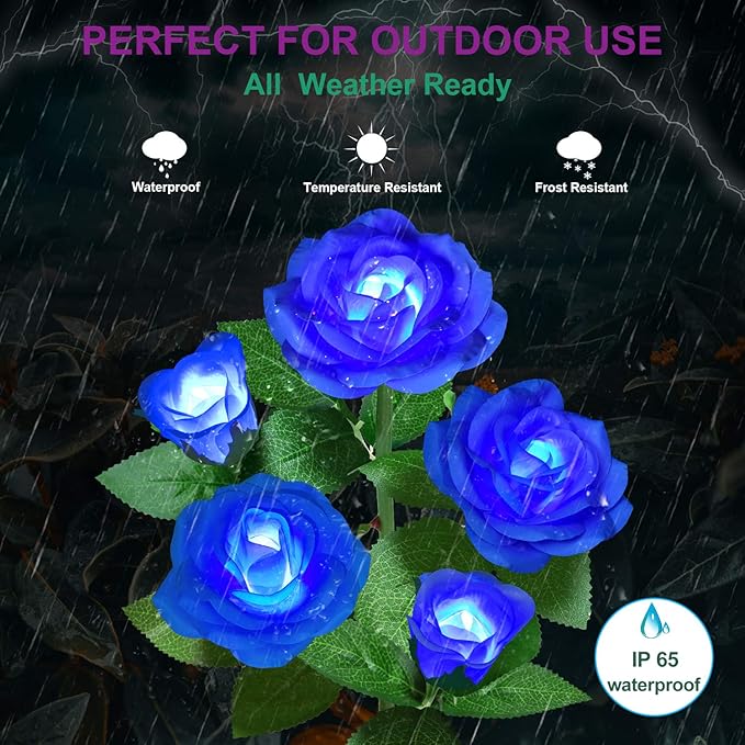 Solar Flower Lights Outdoor - Upgraded New Material Two Modes Realistic LED Solar Powered Waterproof Lights with 5 Roses, Solar Flower Decorativ for Garden (Blue, 1 Pack)