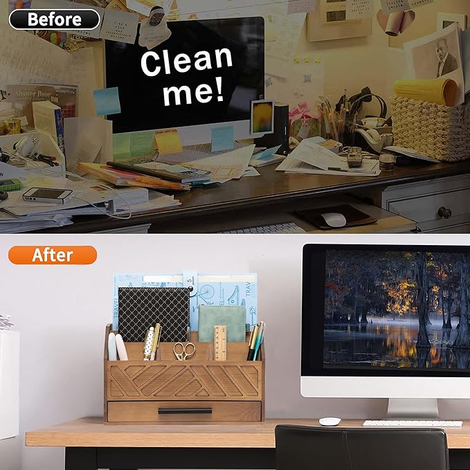 Brown Wood Desk Organizer and Accessories with Drawer, Bill Mail Organizer and File Mail Holder for Office Supplies, Modern Desk Accessories & Workspace Organizers for Desk Organization