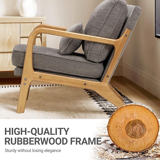 COLAMY Mid Century Modern Accent Chair Set of 2 with Lumbar Pillow, Relaxing Armchair with Solid Wood Frame & Soft Cushion, Reading Leisure Chair for Living Room,（Grey）