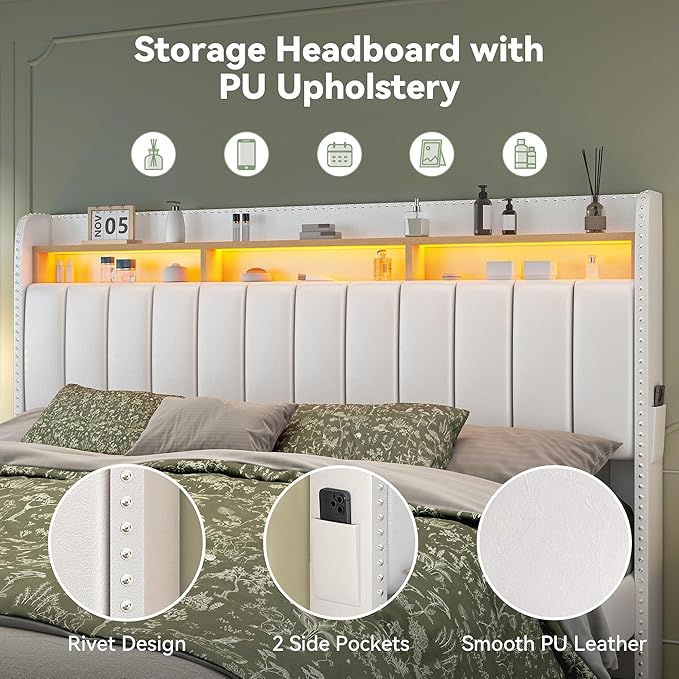 Torana Queen LED Bed Frame with 2 Drawers, PU Leather Upholstered Storage Wingback Headboard Beds, Channel Tufted Platform Bedframe with Rivet Decor, No Box Spring Needed, White