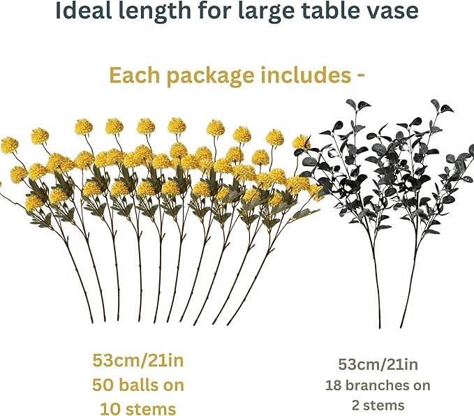 Yellow Flowers Artificial Long Stems Kiku Flower With Eucalyptus, Spring Flowers Decor, Mustard Yellow Decor, Flores Amarillas Artificiales Para Decoracion, Faux Easter Spring Summer Floral Stems