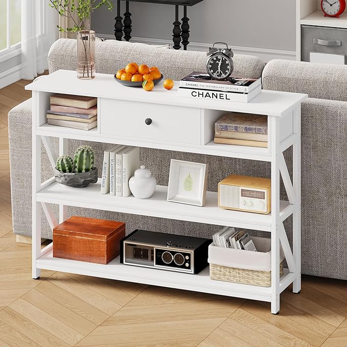 Mexin 39 Inch Console Sofa Table with Drawer, Industrial Entryway Table with Storage Shelves, Storage Organizer for Hallway Living Room Couch Foyer Kitchen Counter, White