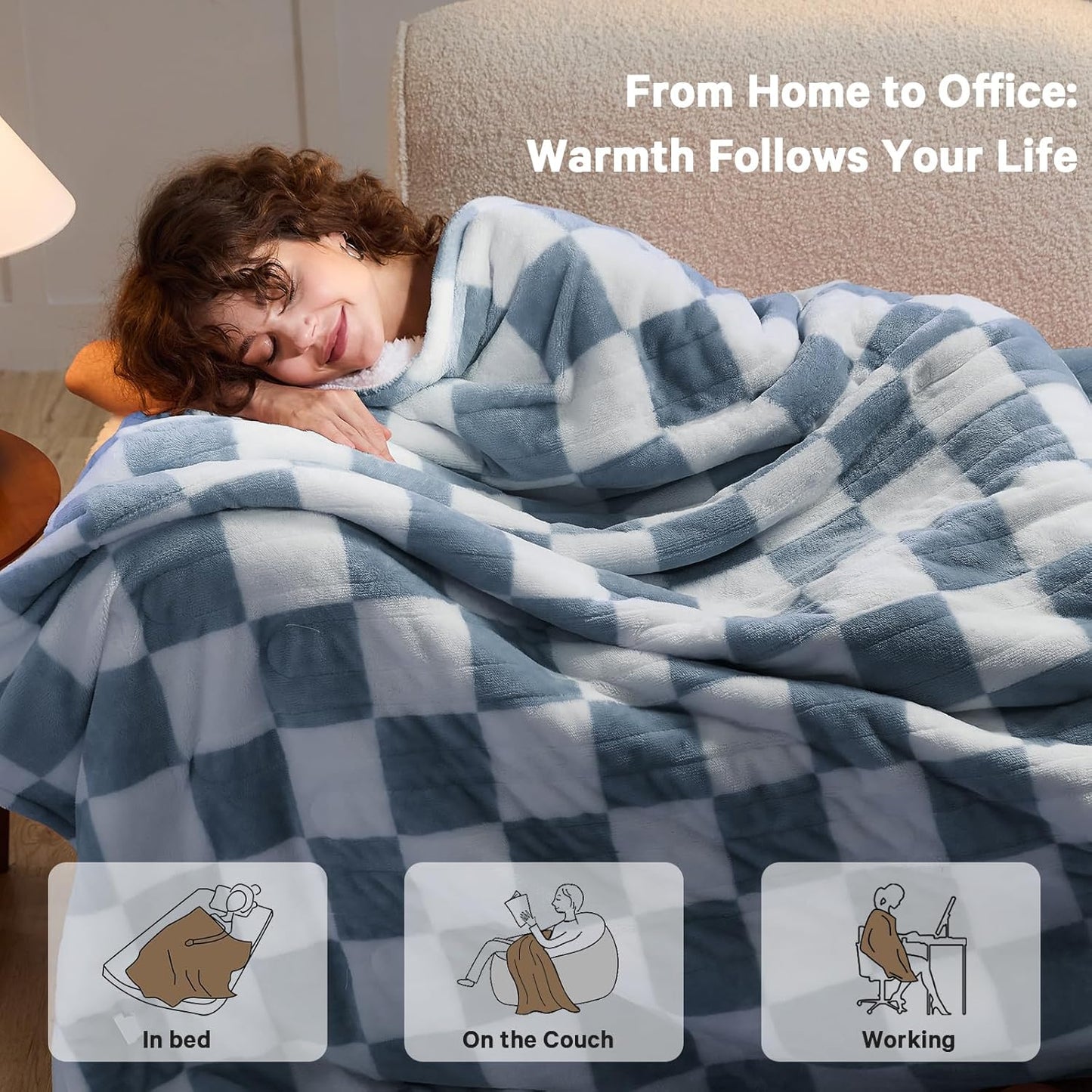Heated Electric Blanketc Throw, 50X60 Heating Blanket with 10 Heat Levels & 8 Hours Auto Off for Lap, Misty Blue Checkered Plaid Soft Sherpa Blankets Warmer Gifts for Couch Grandma Women Adults, ETL