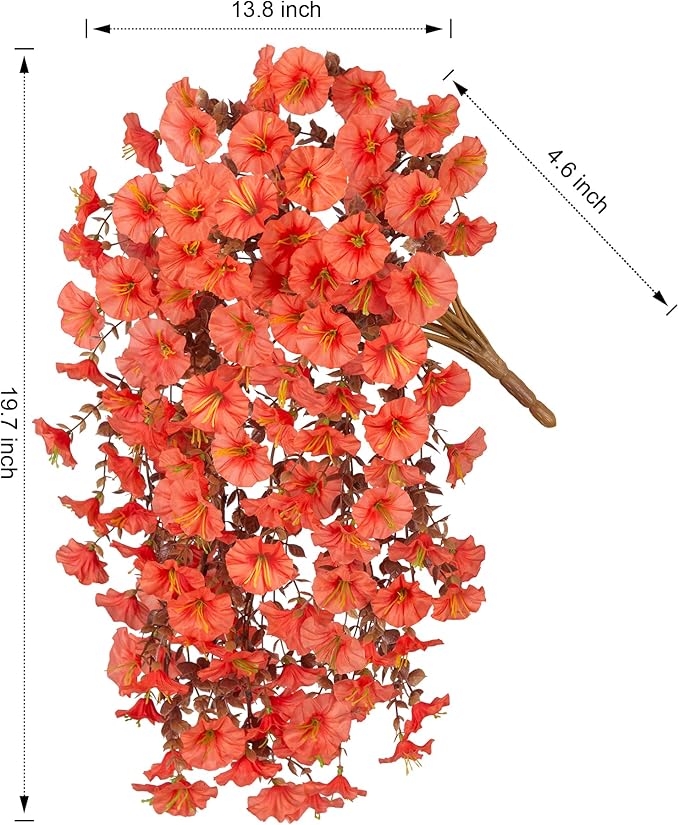 Fake Mums Artificial Fall Hanging Flowers for Outdoors Decoration, 2 PCS Fake Silk Morning Glory with Brown Eucalyptus UV Resistant Plants for Wall Home Porch Patio Balcony Yard Decor (Orange)