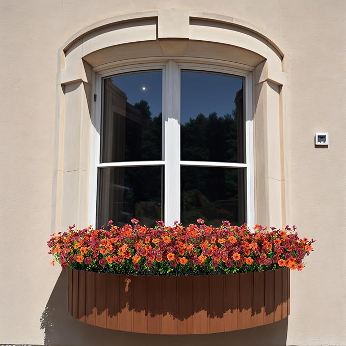 Fall Mums Artificial Flowers for Outdoors Potted, 12 Bundles Fake Fall Daisy Flower with Realistic Eucalyptus Leaves, Fake Plants for Greenery Boxwood Porch Patio Garden Pot Courtyard(Orange Brown)