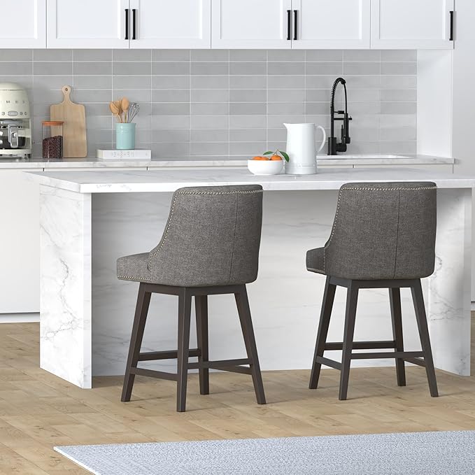 CHITA Counter Height Swivel Bar Stools, FSC Certified Upholstered Counter Stools, Modern Swivel Barstools with Wood Legs for Kitchen Island, 26" Seat Height, Fabric in Fog