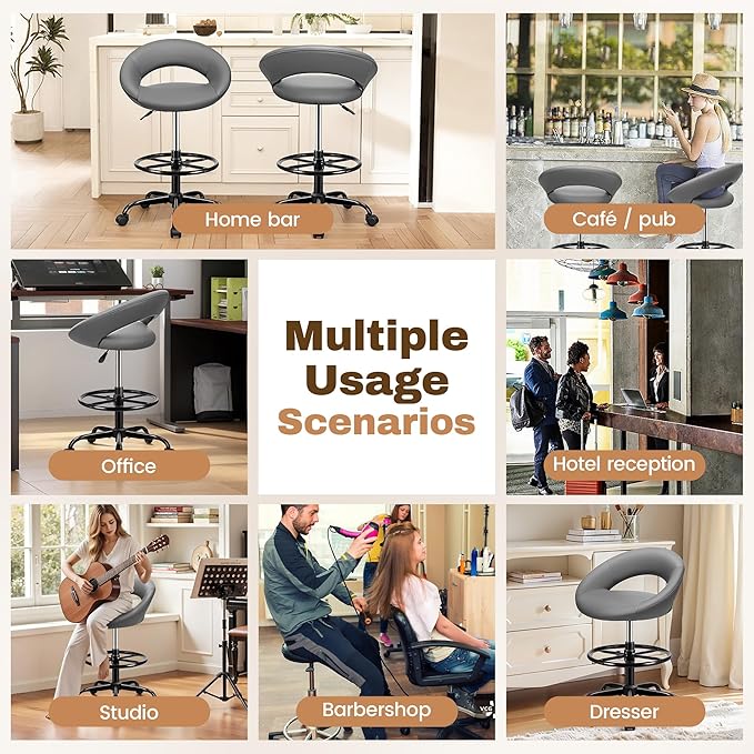 Drafting Chair for Standing Desk, Height Adjustable Rolling Stool with Backrest & Footrest, Tall 360° Swivel PU Leather Stool Chair with Wheels for Office, Gray