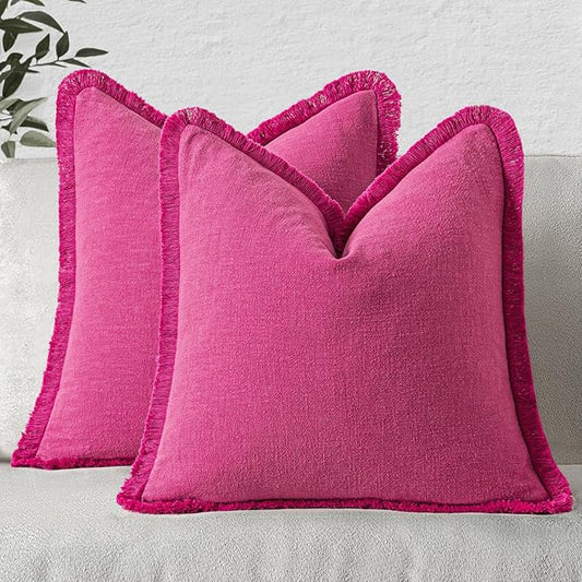 MIULEE Decorative Throw Pillow Covers Neutral Linen Fringe Throw Pillows Euro Shams Set of 2 Hot Pink Boho Farmhouse Cushion Covers for Couch Sofa Bed Living Room Spring Home Decor 24x24 Inch