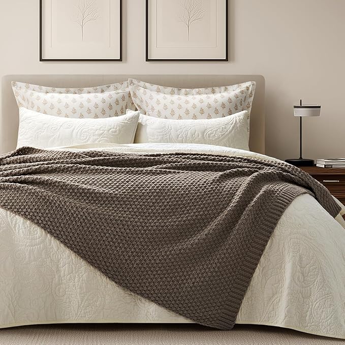 EVERGRACEHOME Chunky Chenille Knit Throw Blanket for Couch, Soft Luxurious Moss Stitch Blankets for Bed, Cozy Decorative Farmhouse Knitted Throws for Sofa, Mocha Brown, 50" x 60"