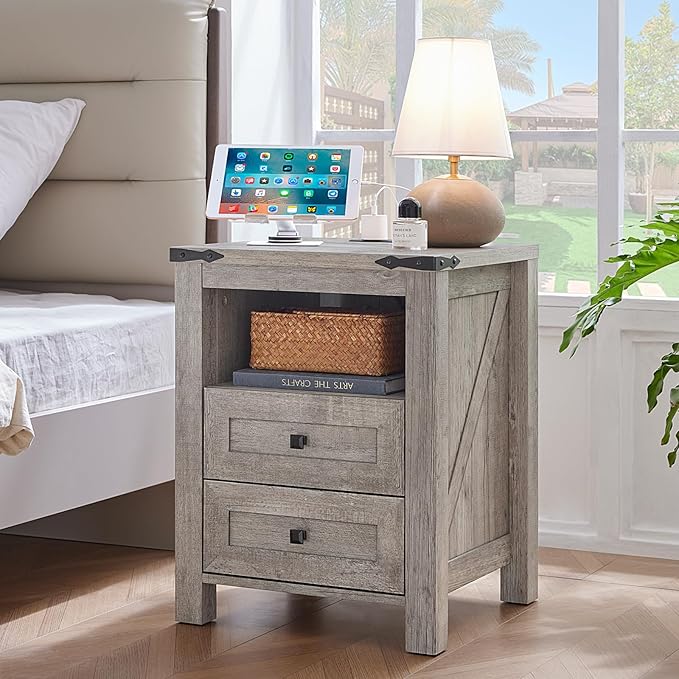 Nightstands Set of 2 with Charging Station, Farmhouse Night Stand with 2 Drawers and Shelf Storage, Wooden Side End Table, Bedside Cabinet for Bedroom, Living Room, Closet,Office (Grey)