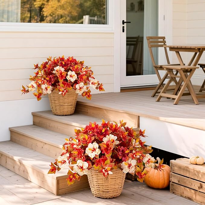 Fake Fall Flowers Artificial for Outdoors Decoration 2PCS Faux Orange Flowers for Outdoor Planters Outside Hibiscus Flower Fall Décor for Home Front Porch Yard Patio