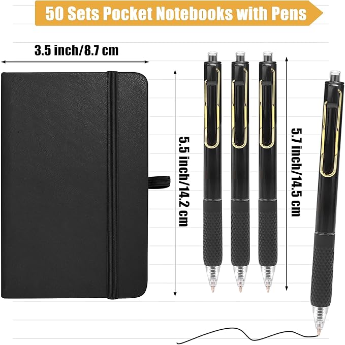 Aodaer 50 Sets Graduation Gifts Pocket Notebook Journal with Pens, 160 Page, 3.5 x 5.5 Inch Mini Lined Journal Notebook A6 Leather Hardcover Notepad with Pen Holder for School Office, Black and Gold