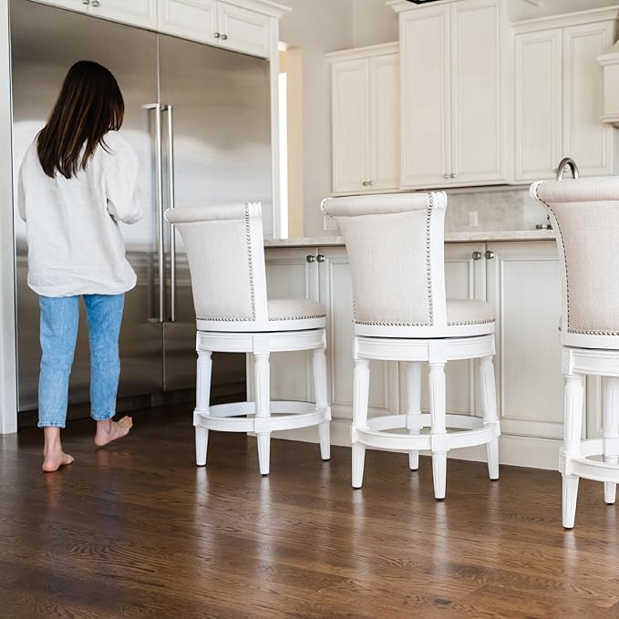 Maven Lane Pullman Counter Stool 26 Inches – Swivel Stool with Footrest – White Solid Wood Frame & Natural Fabric Upholstery – Perfect for Kitchen Islands & Counters