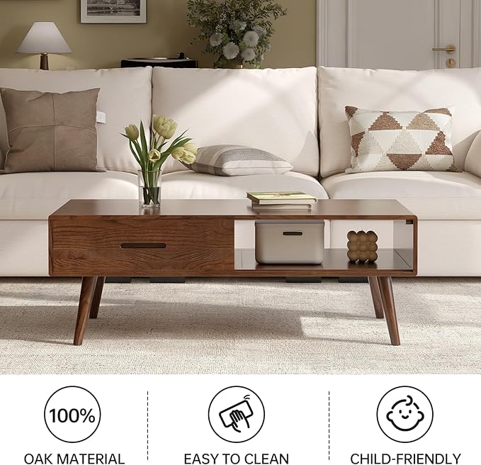 100% Solid Wood Coffee Table for Living Room, 47.24" W Oak Coffee Table with Storage Shelf and 2 Drawers, Mid-Century Modern Coffee Tables for Home (Oak Walnut Colour)