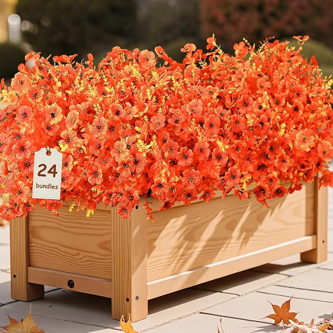 SHareconn 24 Bundles Artificial Fall Flowers for Outdoors Decoration, UV Resistant Silk Eucalyptus Lavender Faux Autumn Fake Plants for Outside Indoor Garden Yard Porch Home Decor, Sunset Red Orange
