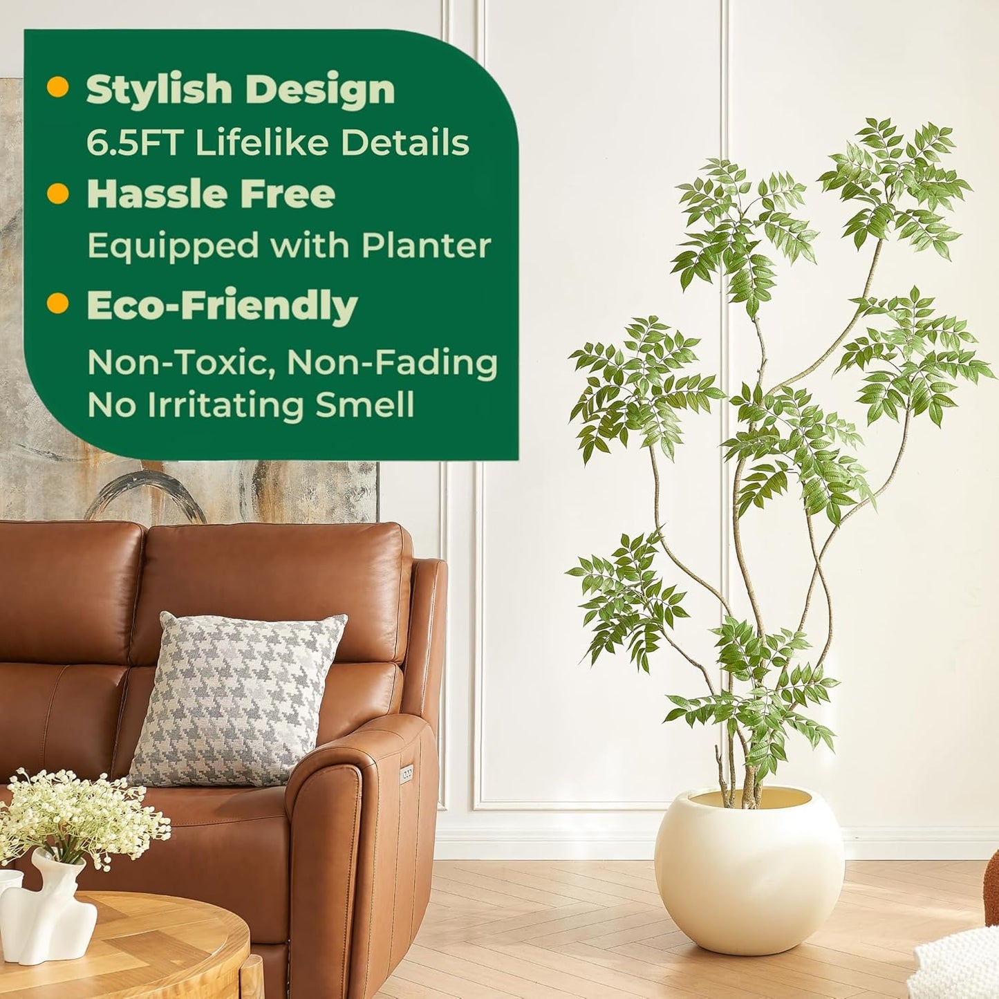 6.5FT Artificial Sumac Tree with White Pot, Tall Faux Plants Indoor, Large Fake Tree with Nearly Natural Silk Plant (Real Touch), for Home, Office, Living Room, Patio, Lobby Decor