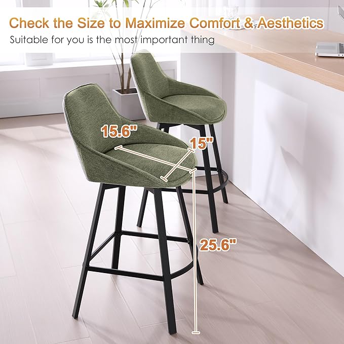Zesthouse Swivel Bar Stools Set of 4, Modern Counter Height Barstools with Backs, 26'' Upholstered Linen Fabric High Chairs for Island Kitchen, Counter Height Chairs with Metal Legs, Green