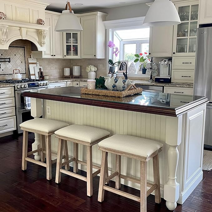 PHI VILLA Bar Stools Set of 4 - Solid Wood Legs Counter Height Barstools with Upholstered Saddle Seat, 24 inch Kitchen Counter Island Stools