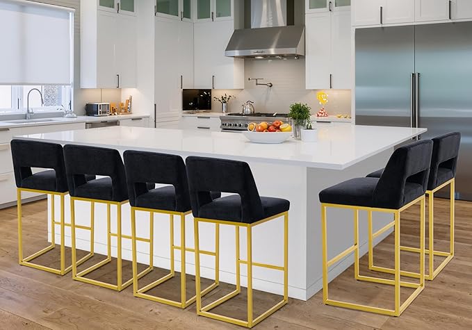 Black and Gold Counter Height Bar Stools Set of 6 for Kitchen Counter Modern Bar Chairs with Backs for Kitchen Island with Upholstered Fabric Seat and Metal Frame, 26 Inch