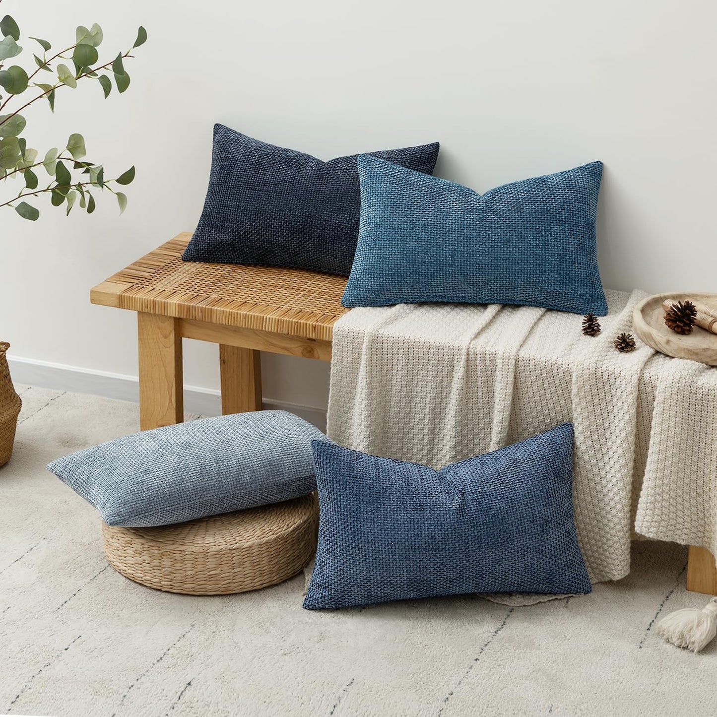 MIULEE Pack of 4 Couch Throw Pillow Covers 12x20 Inch Neutral Blue Soft Decorative Chenille Pillow Covers Farmhouse Accent Cushion Covers for Boho Western Home Coastal Decor Sofa Bedroom Living Room