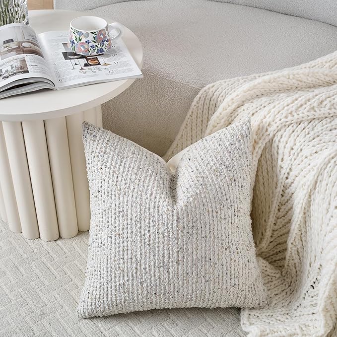 Striped Throw Pillow Covers 18x18 Set of 2 Cream Grey Textured Boucle Chic Morden Boho Accent Farmhouse Square Decorative Couch Pillow Covers for Home Decor Bed Sofa Living Room