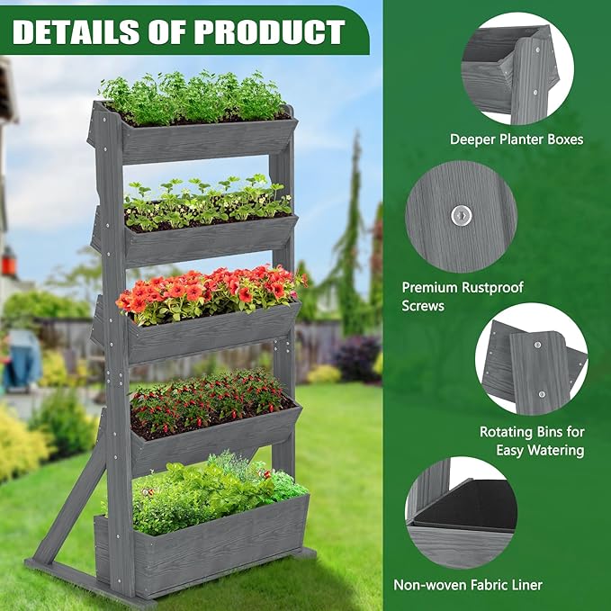 Wooden Vertical Raised Garden Bed, 5 Tier Garden Planters Raised Beds Freestanding Plant Stand Flower Rack Wooden Planter Box for Plants Herbs Flowers Vegetables Outdoor Indoor Gardening