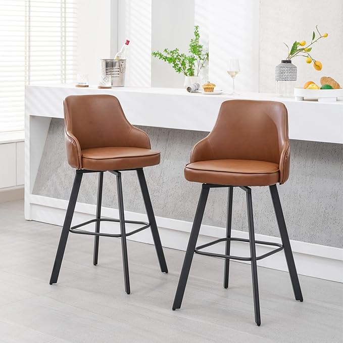 Bar Stools Set of 2, 30" Swivel Bar Height Barstools with High Back, Faux Leather Kitchen Barstool Bar Height for Kitchen Island (Dark Brown, 2PCS 30" Bar Stools)