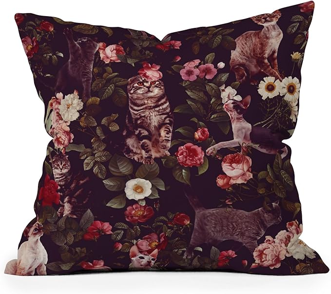 Society6 Cat and Floral Pattern Throw Pillow Insert-Home Decor by Burcu Korkmazyurek, 18" x 18"