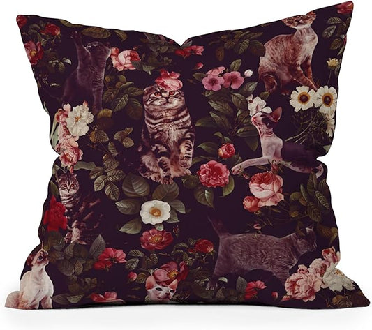 Society6 Cat and Floral Pattern Throw Pillow Insert-Home Decor by Burcu Korkmazyurek, 18" x 18"