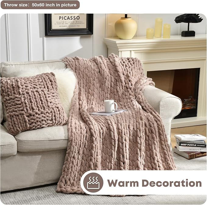 Soft Chunky Knit Blanket, 50X60 in Handmade Thick Chenille Yarn Throw Without Shedding & Raveling, Aesthetic & Cozy Home Decor with Couch Sofa Bed, Gift Pack, Choffee Brown