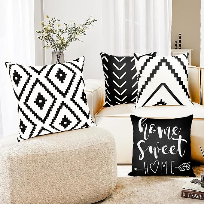 Decorative Throw Pillow Covers Set of 4 Black White Pillow Covers 20x20 inch Throw Pillow Cases Linen Square Pillow Case,Farmhouse Outdoor Modern Geometric Pillow Covers for Couch Sofa Living Room