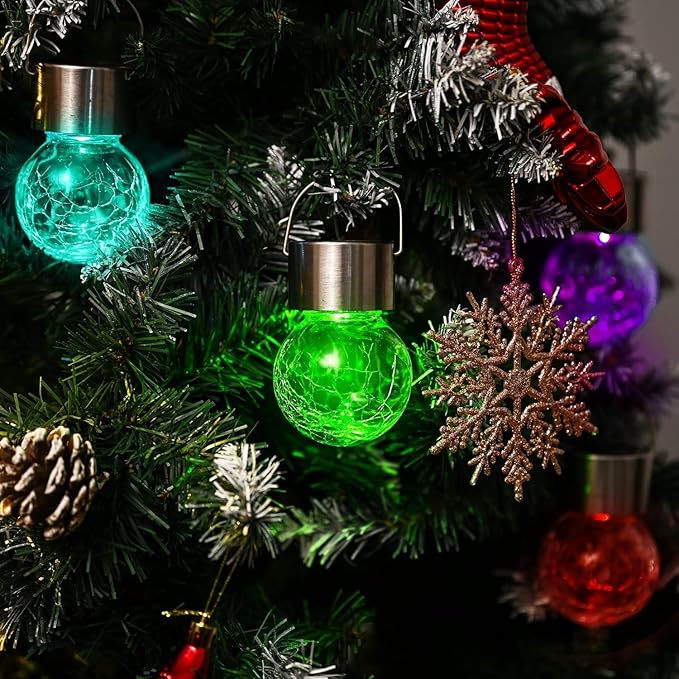 GIGALUMI 24 Pack Solar Outdoor Lights, Christmas Hanging Lights for Christmas Decoration-Cracked Glass Solar Lantern Outdoor Waterproof for Garden, Yard, Fence, Tree(Color Changing)
