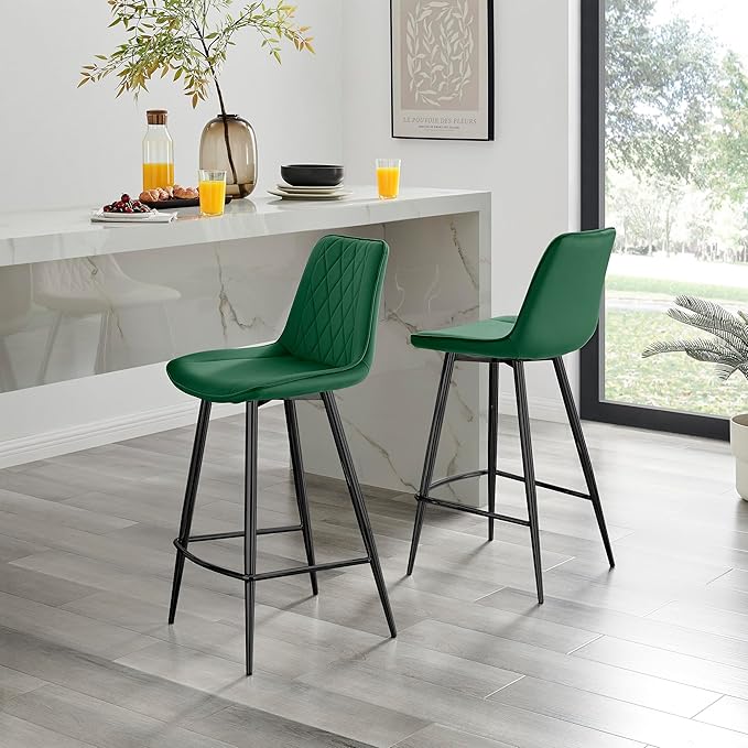 Bar Stool Chair - Pesaro Green Velvet Upholstered Dining Chair Black Metal Legs - Modern Style Diamond Quilted Stitching to Back - Contemporary Dining Kitchen Furniture